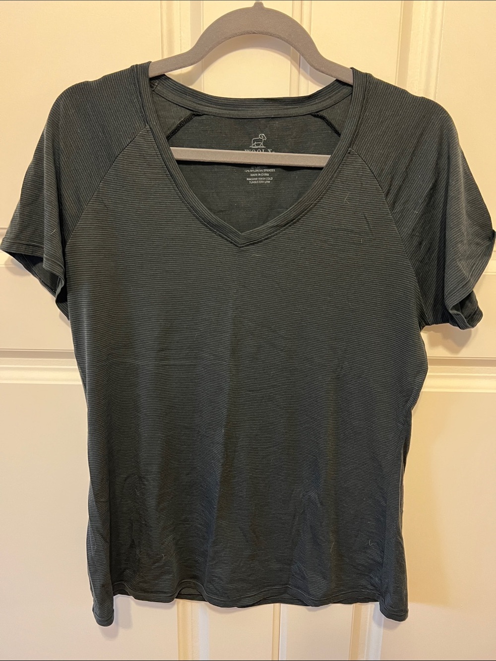 Woolx Mia Lightweight V-Neck Merino Tee, Gray/Black Stripe, L